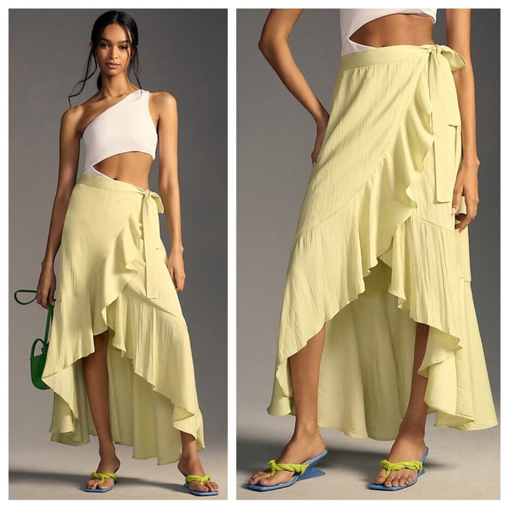 Anthropologie Maeve Ruffled Wrap Maxi Skirt Size S in Green Lime